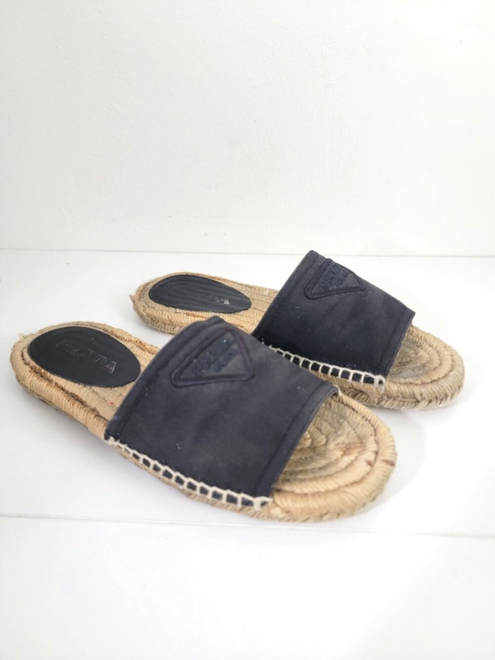 Prada Triangle Logo Black Canvas Espadrille Mules Black 36 6 - Picture 1 of 8